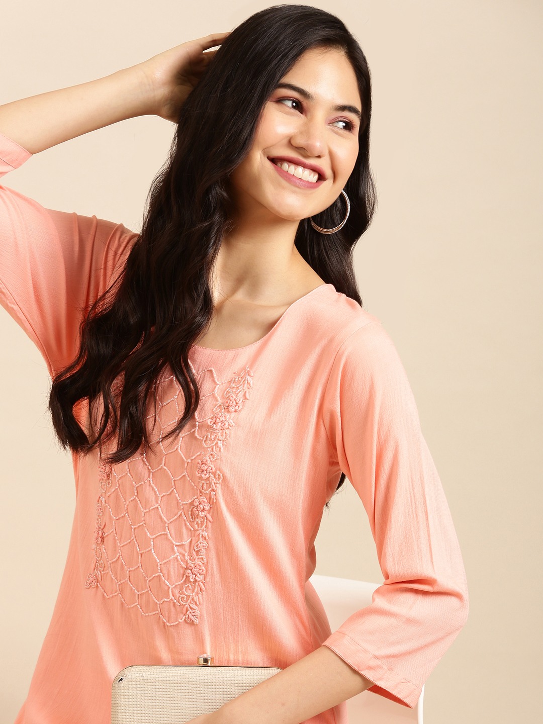 SHOWOFF Women's Calf Length Solid Peach Straight Kurta Sets
