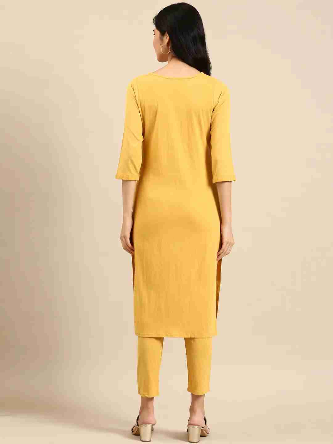Women's Yellow Cotton Blend Solid Comfort Fit Kurta Sets