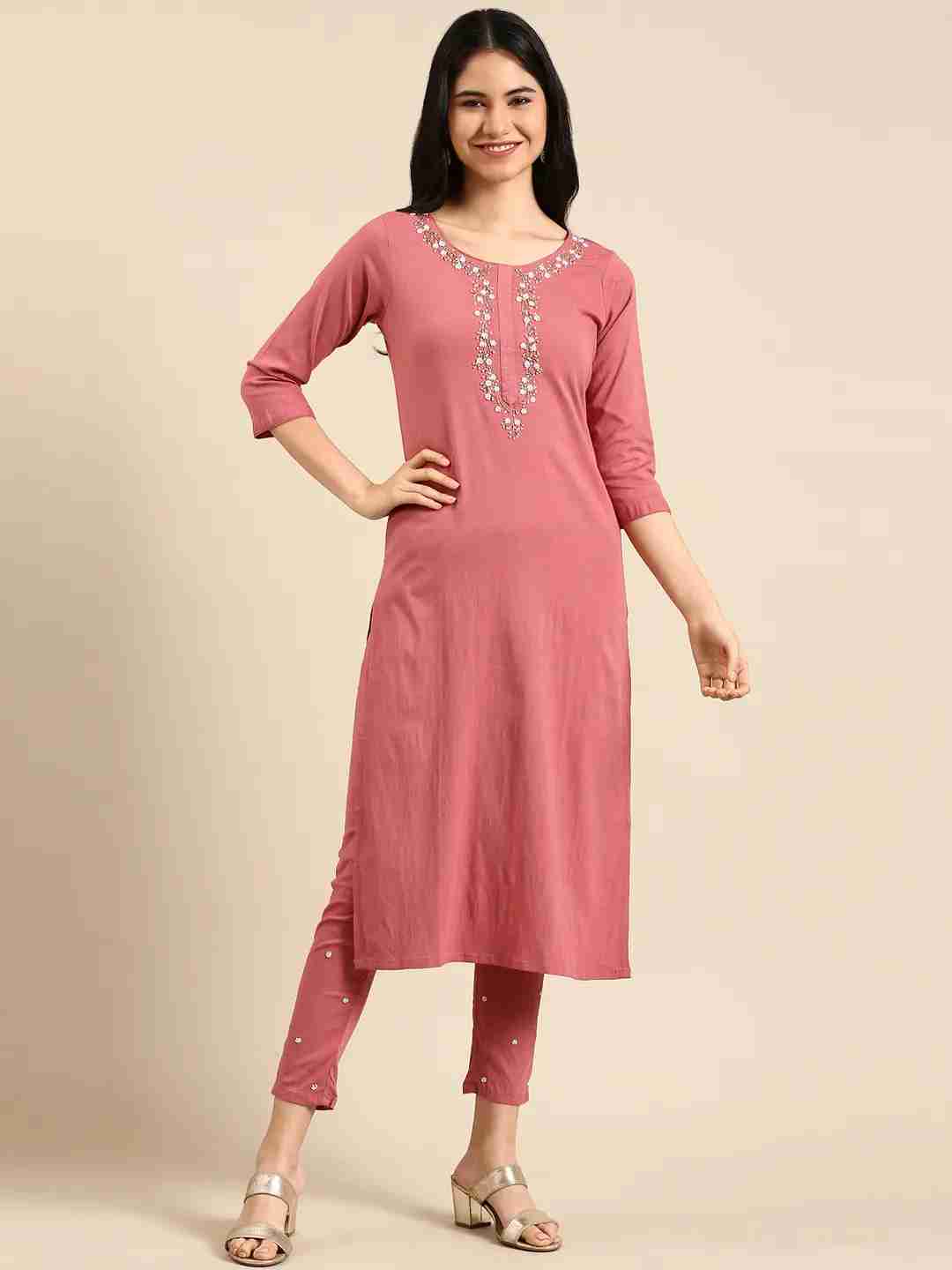 Women's Pink Chanderi Solid Comfort Fit Kurta Sets