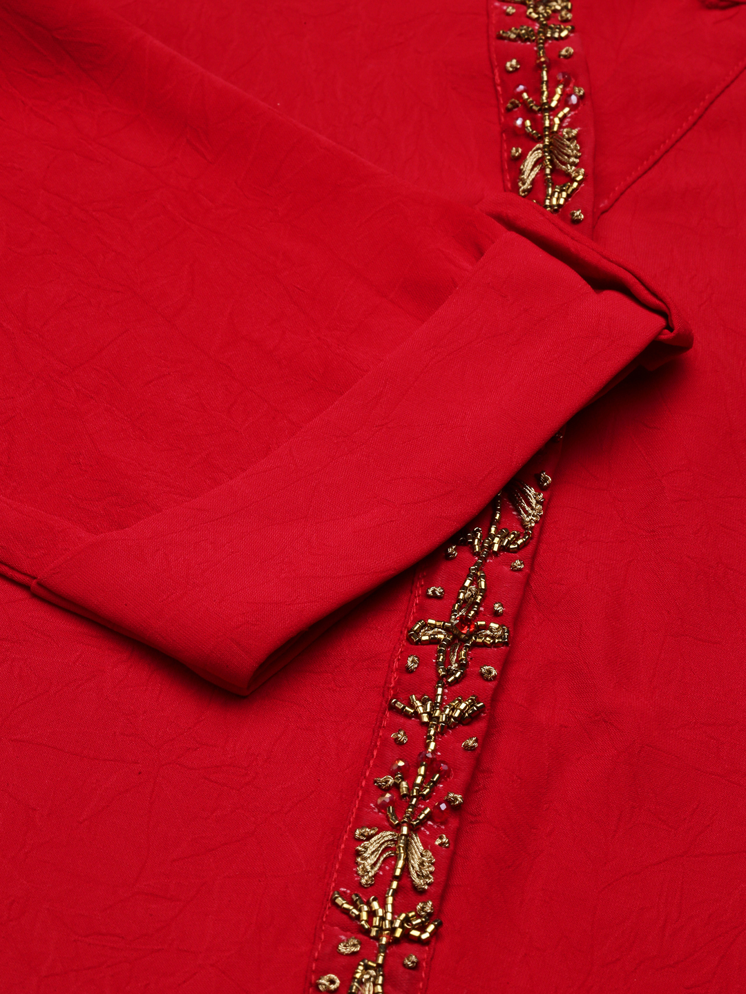 SHOWOFF Women's Calf Length Red Solid Straight Kurta