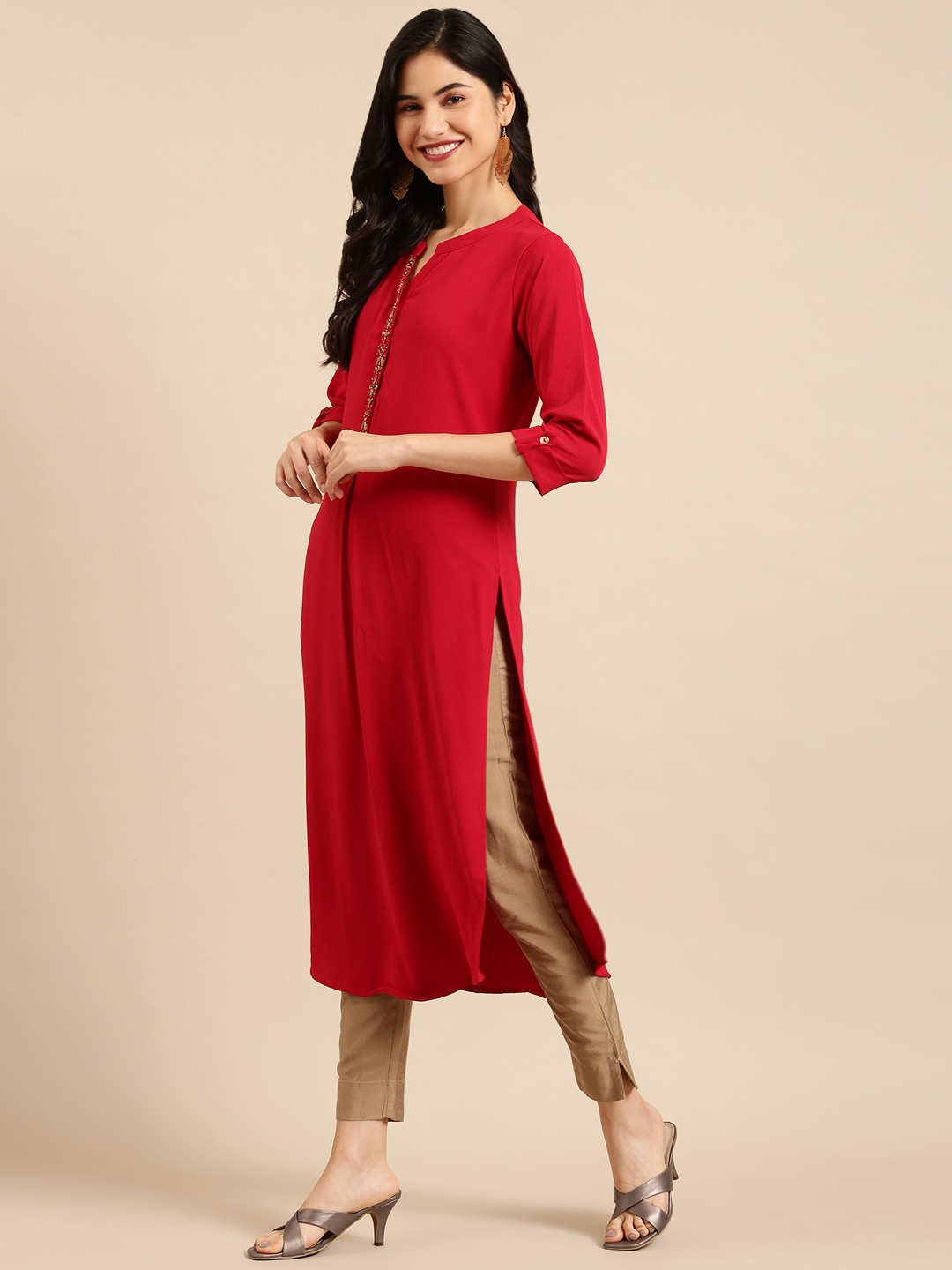 SHOWOFF Women's Calf Length Red Solid Straight Kurta