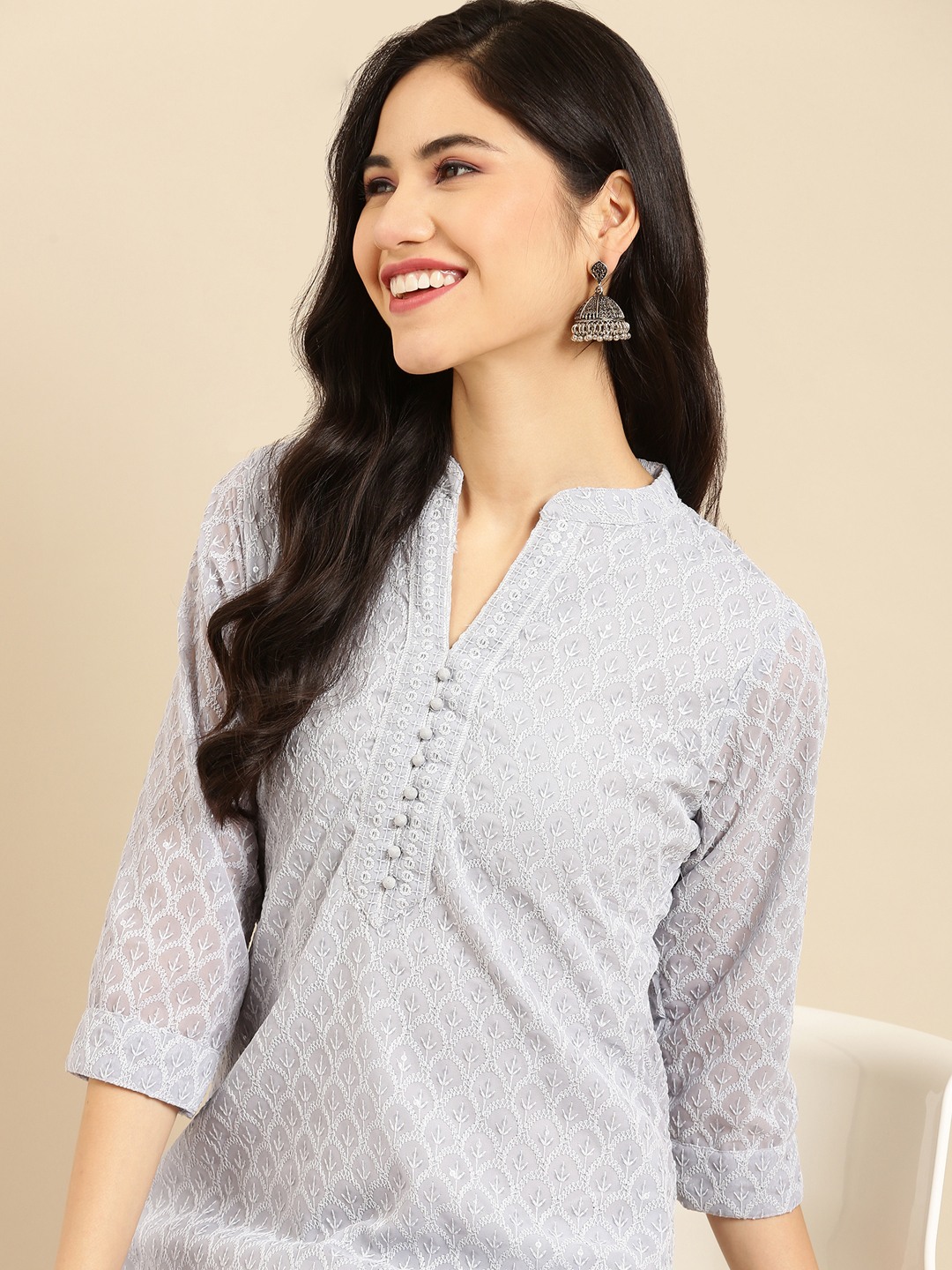 Women's Grey Georgette Embroidered Comfort Fit Kurtas