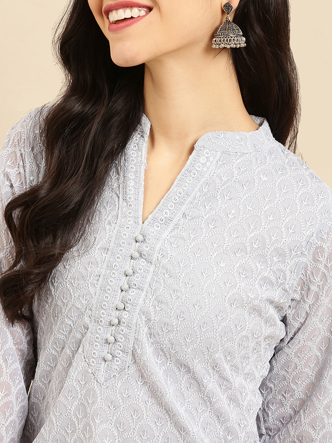 Women's Grey Georgette Embroidered Comfort Fit Kurtas