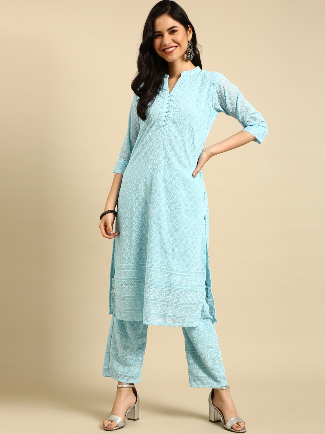 Women's Blue Georgette Embroidered Comfort Fit Kurta Sets