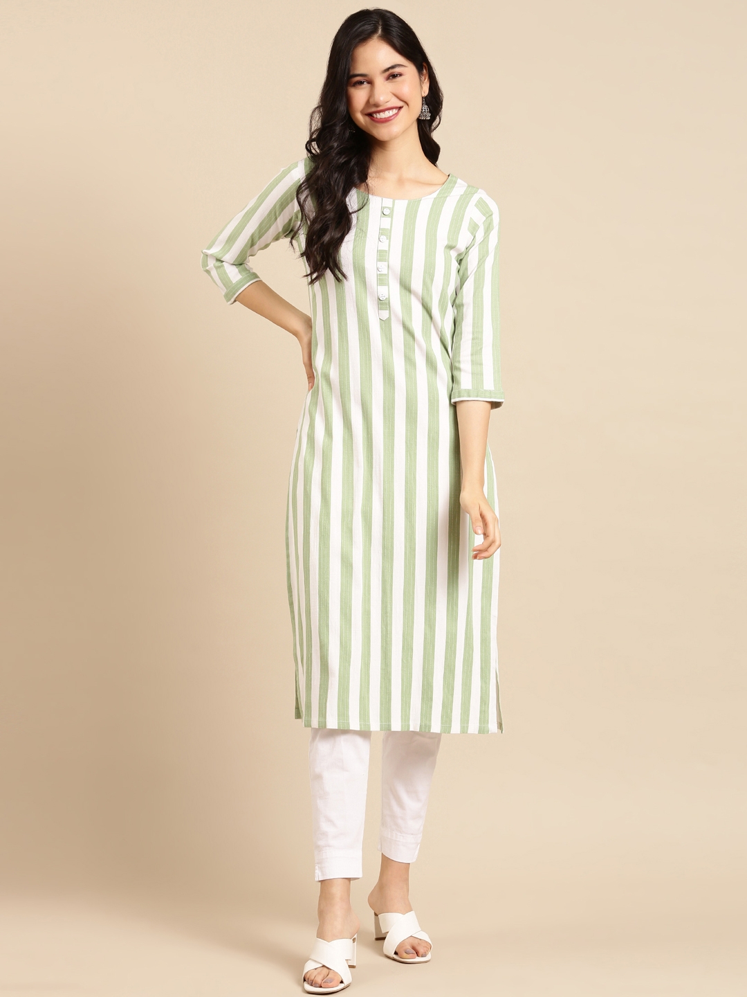 Women's Green Cotton Striped Comfort Fit Kurtas