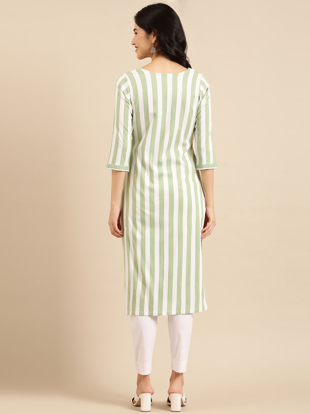 Women's Green Cotton Striped Comfort Fit Kurtas