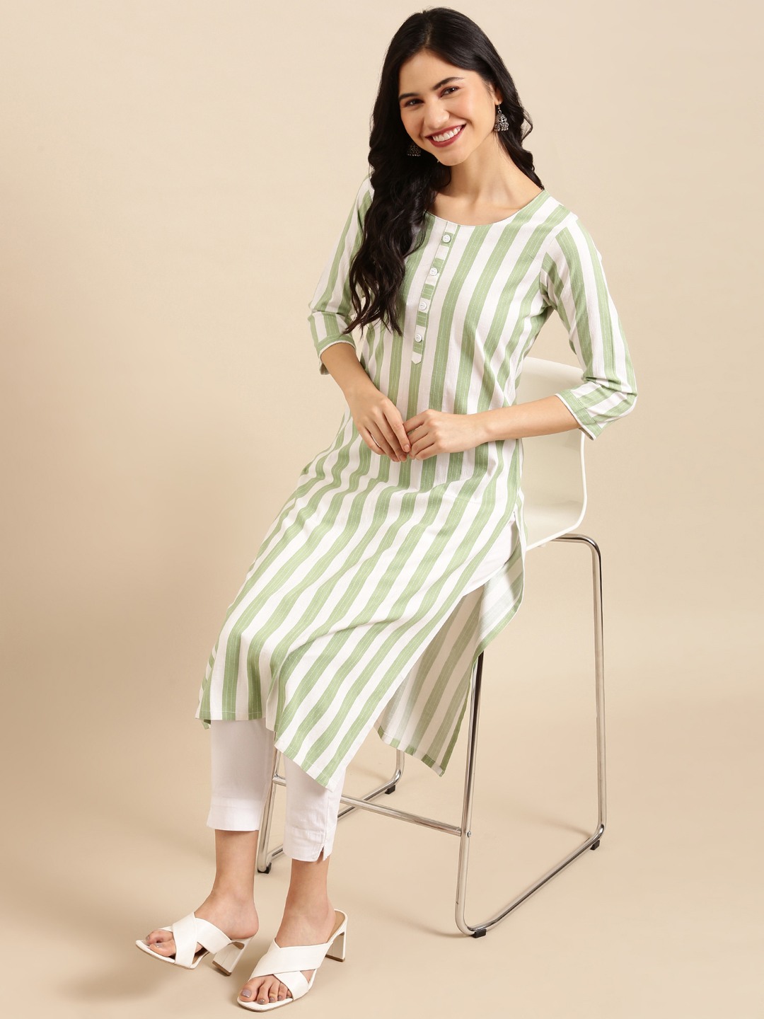 Women's Green Cotton Striped Comfort Fit Kurtas