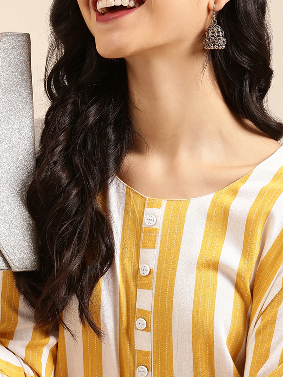 SHOWOFF Women's Calf Length Mustard Striped Straight Kurta