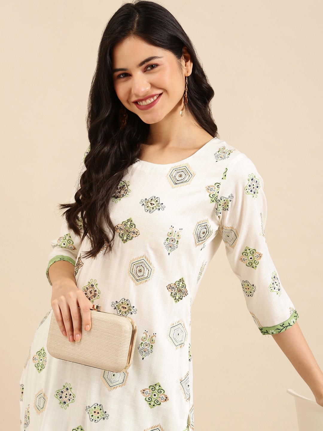 Showoff | SHOWOFF Women Off White Printed Round Neck Three-Quarter Sleeves Mid Length Straight Kurta Set