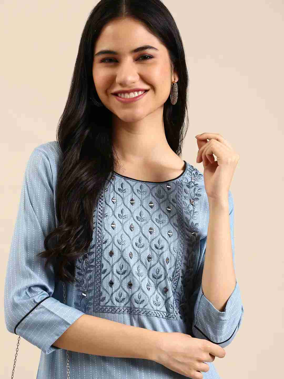 Women's Blue Cotton Embroidered Comfort Fit Kurtas