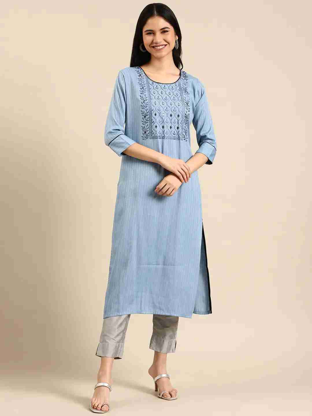 Women's Blue Cotton Embroidered Comfort Fit Kurtas