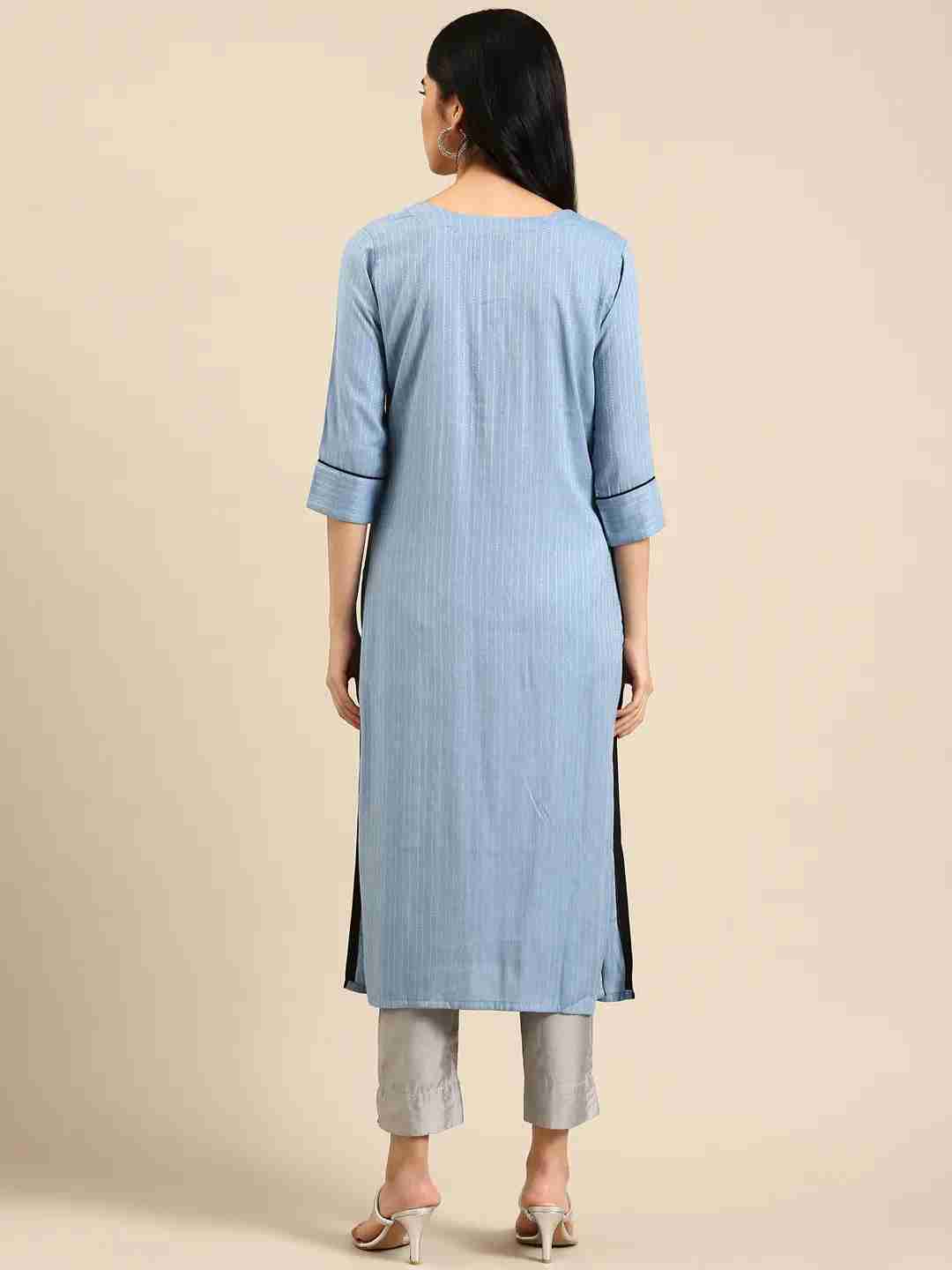 Women's Blue Cotton Embroidered Comfort Fit Kurtas