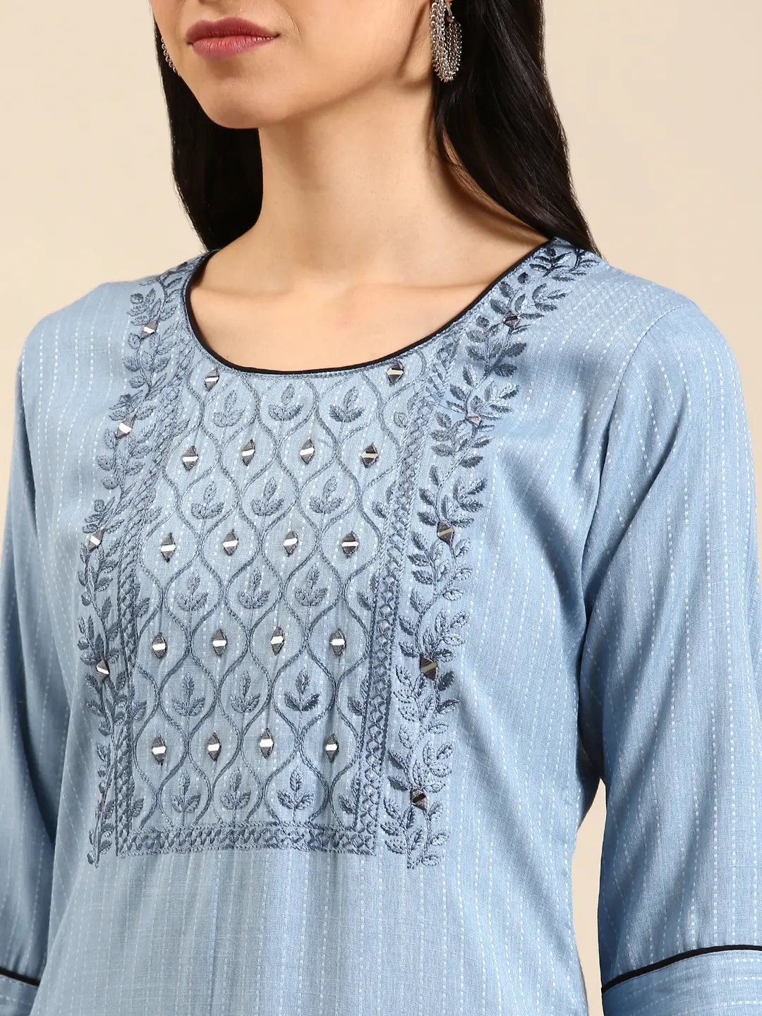 Women's Blue Cotton Embroidered Comfort Fit Kurtas