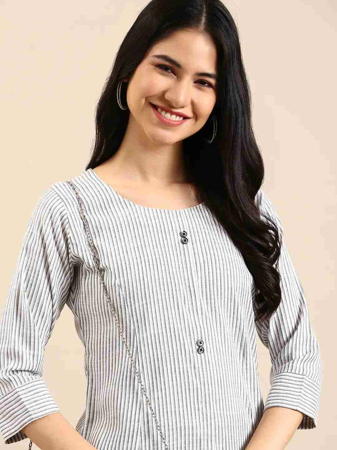 Women's White Cotton Striped Comfort Fit Kurtas