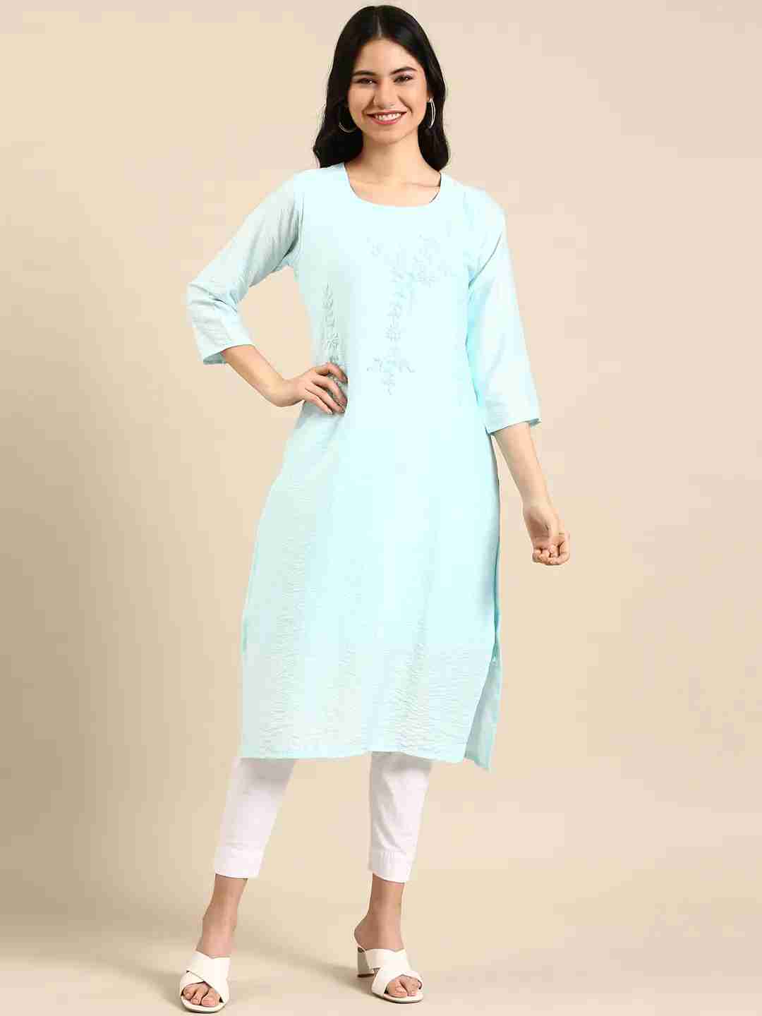 Women's Blue Cotton Solid Comfort Fit Kurtas