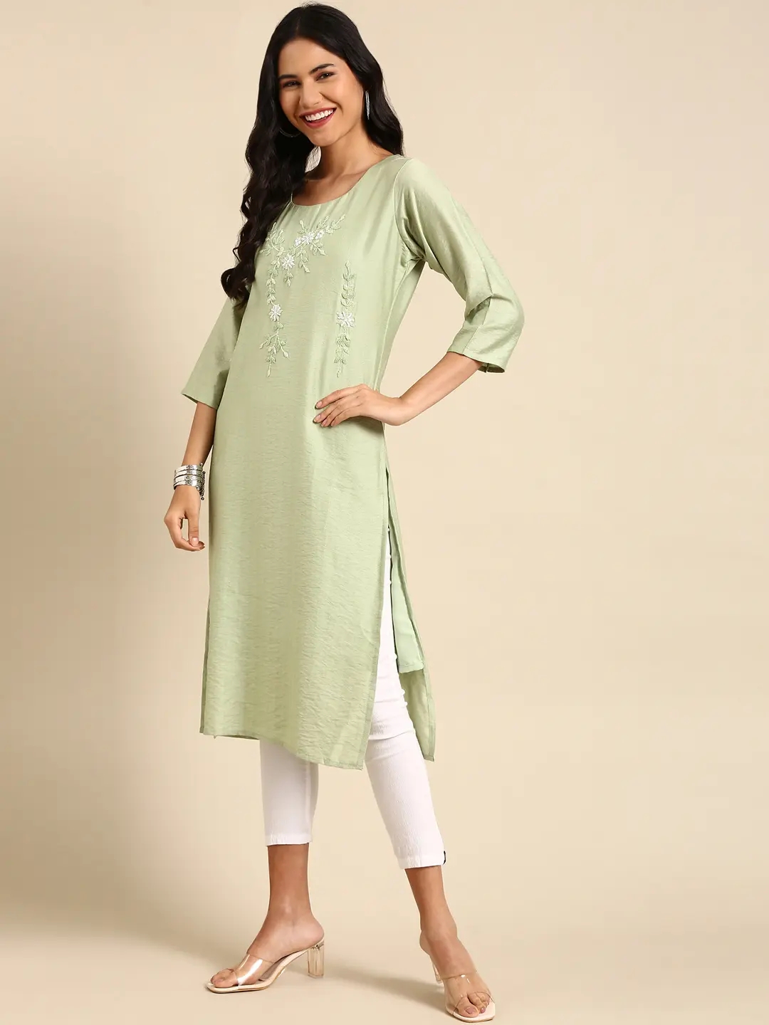 Women's Green Silk Embellished Comfort Fit Kurtas