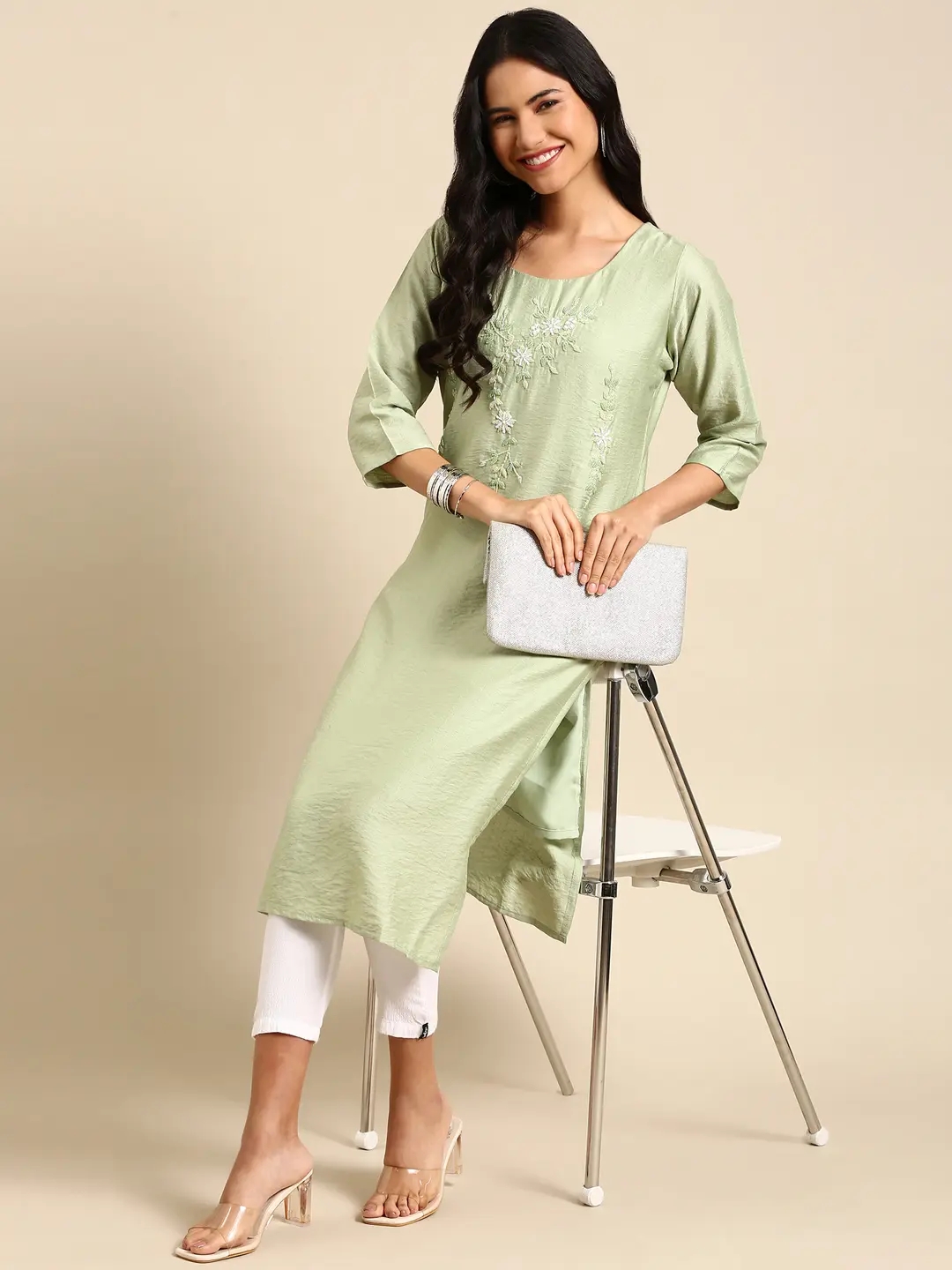 Women's Green Silk Embellished Comfort Fit Kurtas