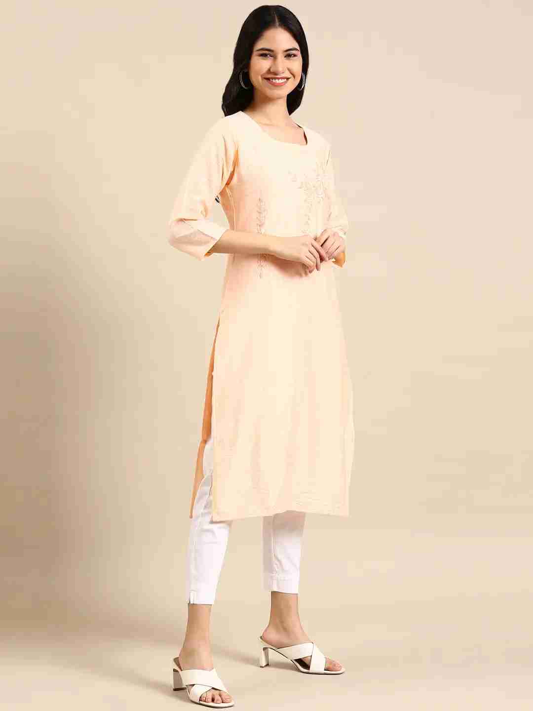 SHOWOFF Women's Calf Length Solid Peach Round Neck Straight Kurta