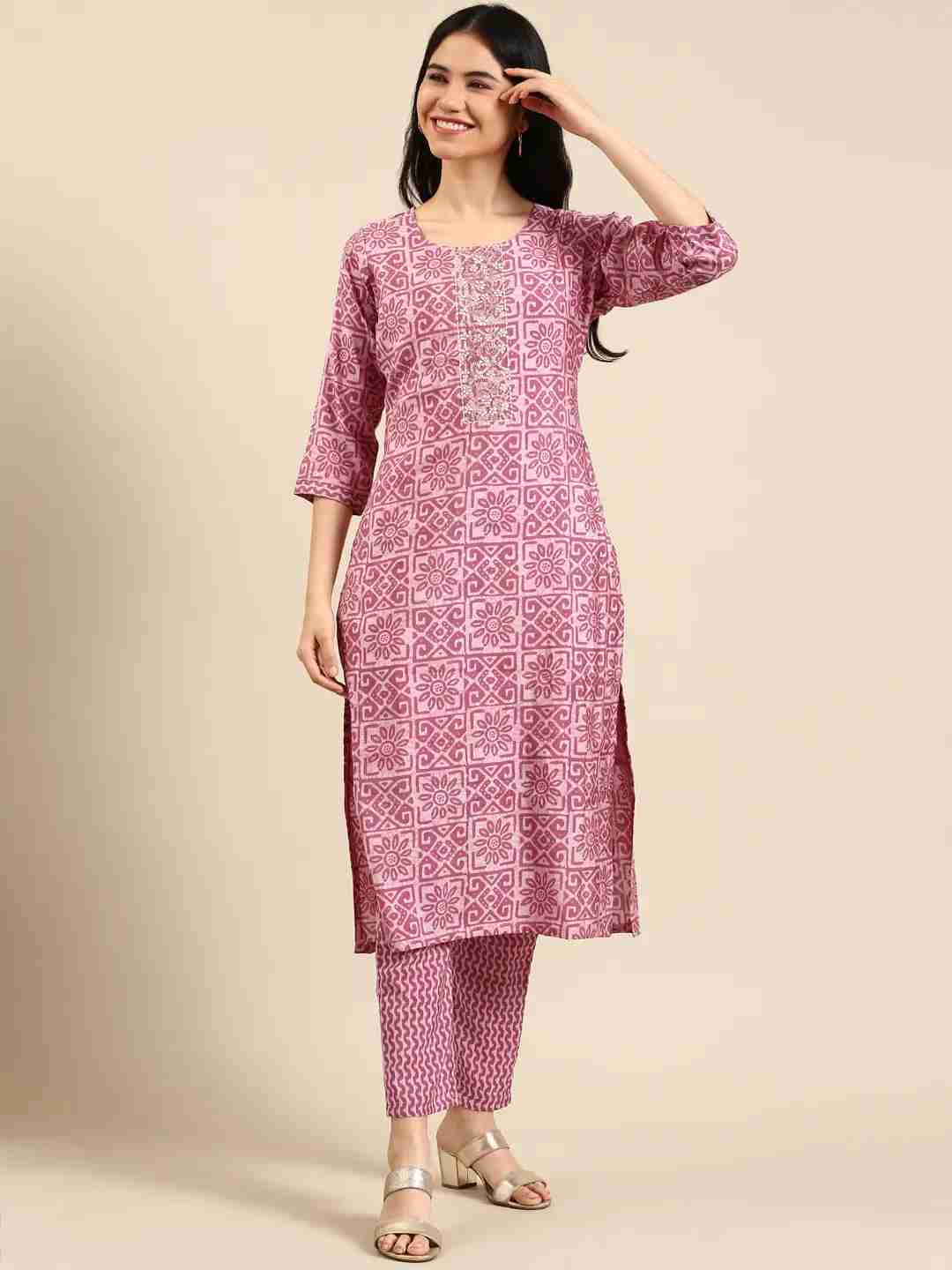 Women's Purple Silk Printed Comfort Fit Kurta Sets