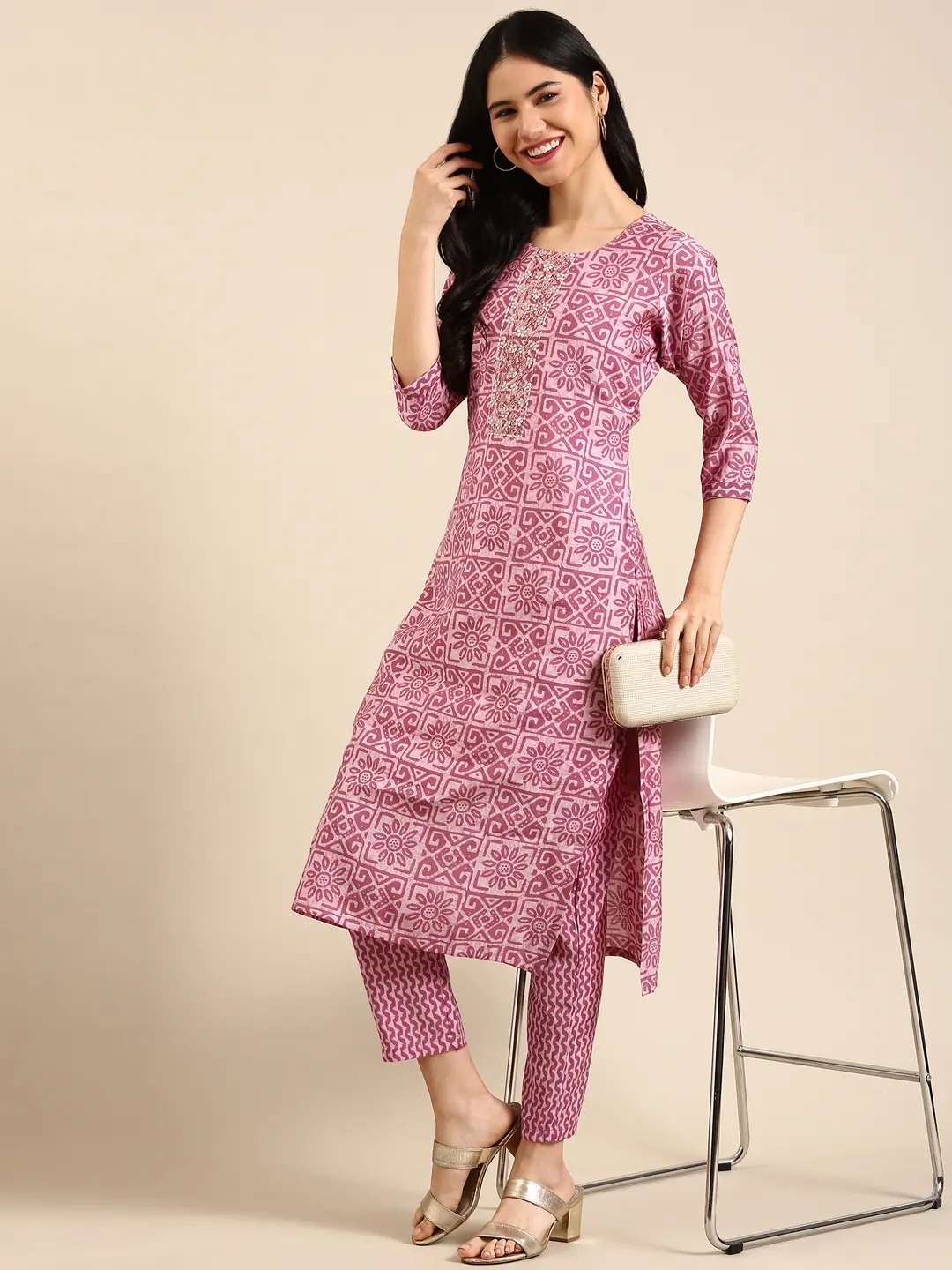 Women's Purple Silk Printed Comfort Fit Kurta Sets