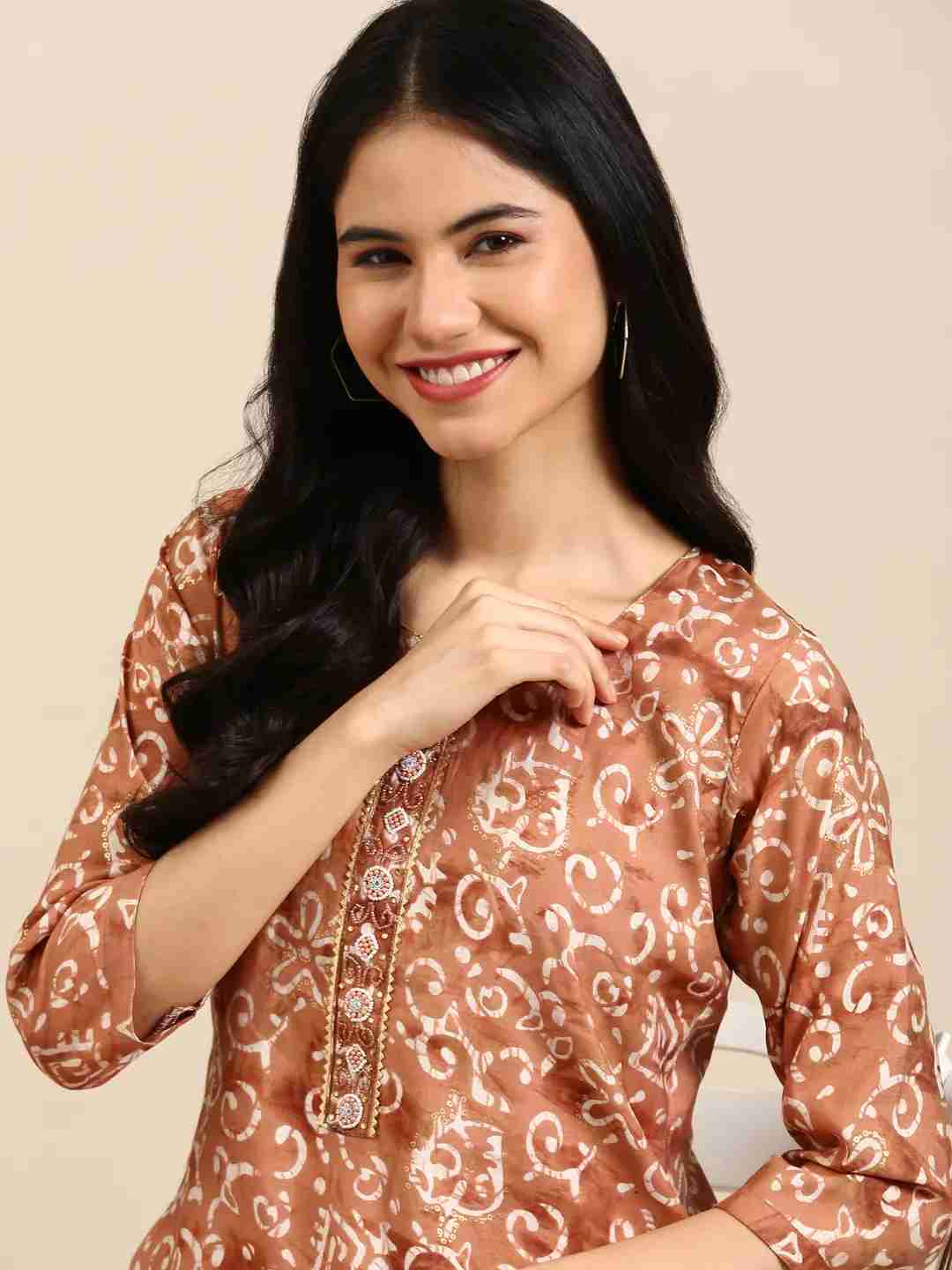 Women's Brown Crepe Printed Comfort Fit Kurta Sets