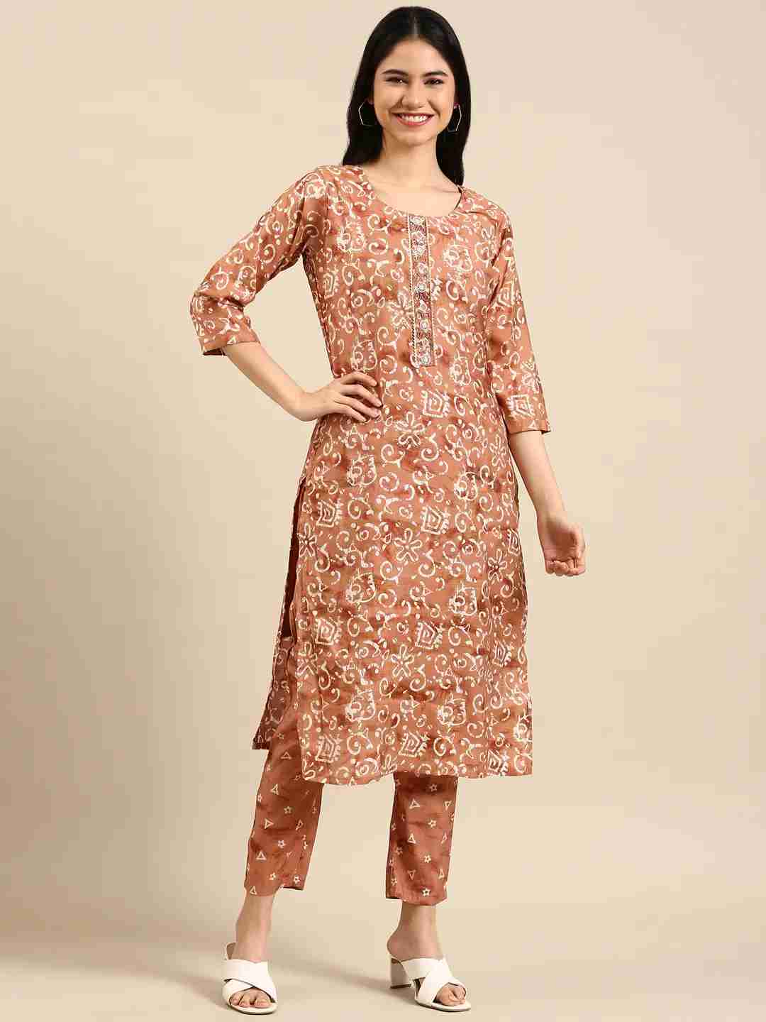 Women's Brown Crepe Printed Comfort Fit Kurta Sets