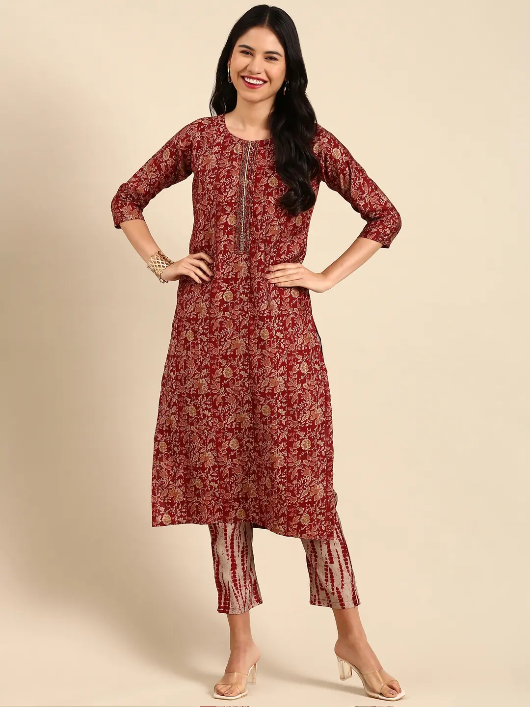Women's Red Chanderi Printed Comfort Fit Kurta Sets