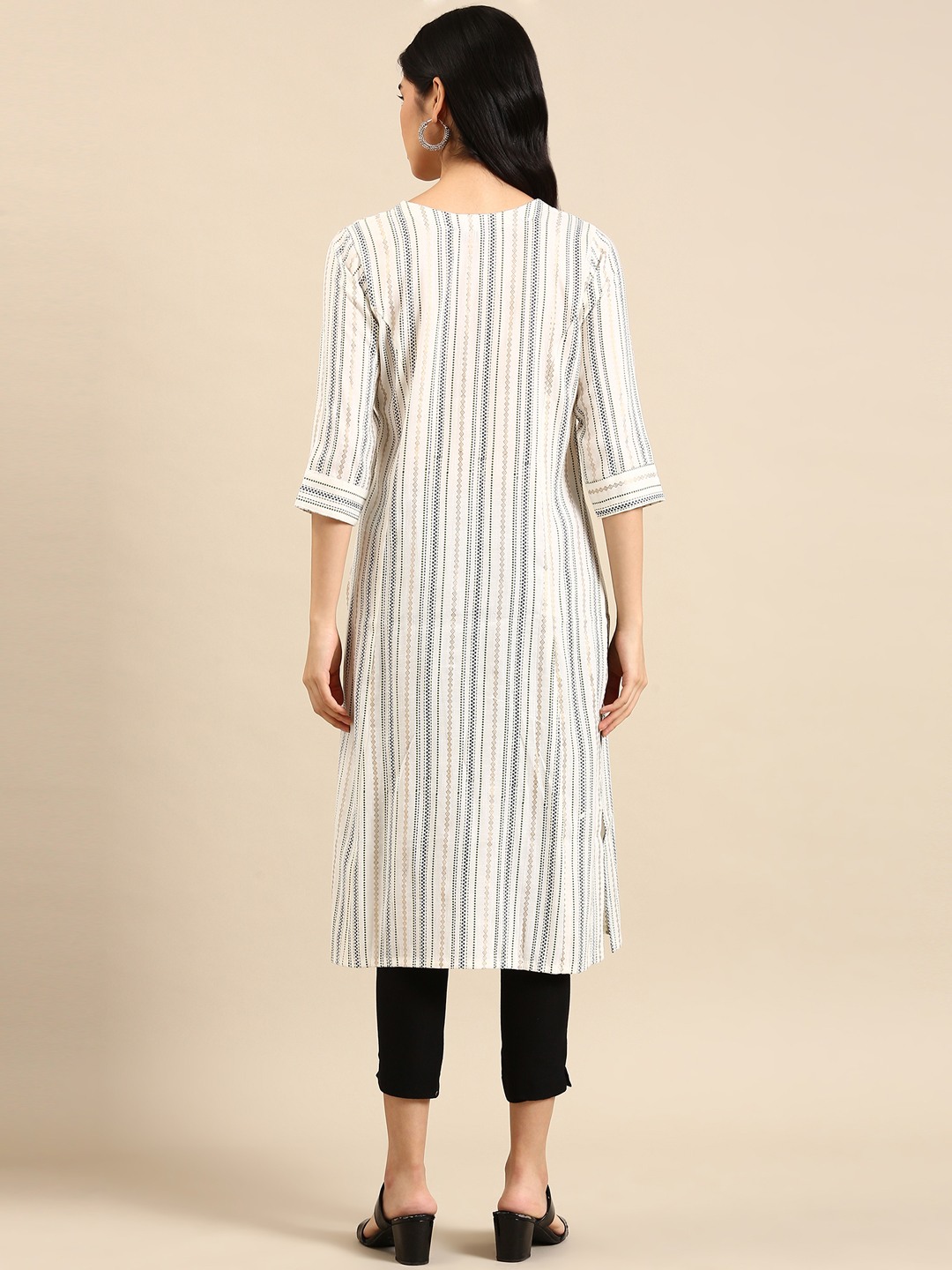 SHOWOFF Women's Calf Length Woven Design White Round Neck Straight Kurta