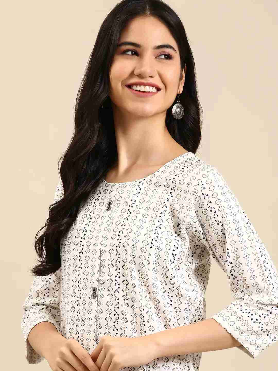 SHOWOFF Women's Calf Length Woven Design White Round Neck Straight Kurta