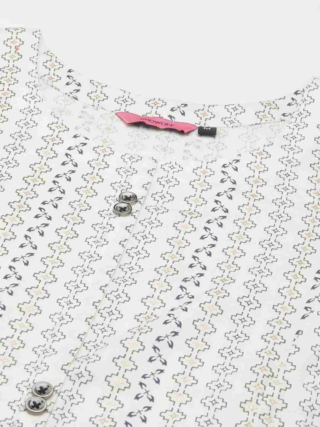SHOWOFF Women's Calf Length Woven Design White Round Neck Straight Kurta