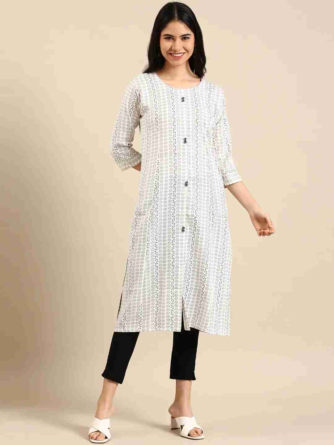 SHOWOFF Women's Calf Length Woven Design White Round Neck Straight Kurta