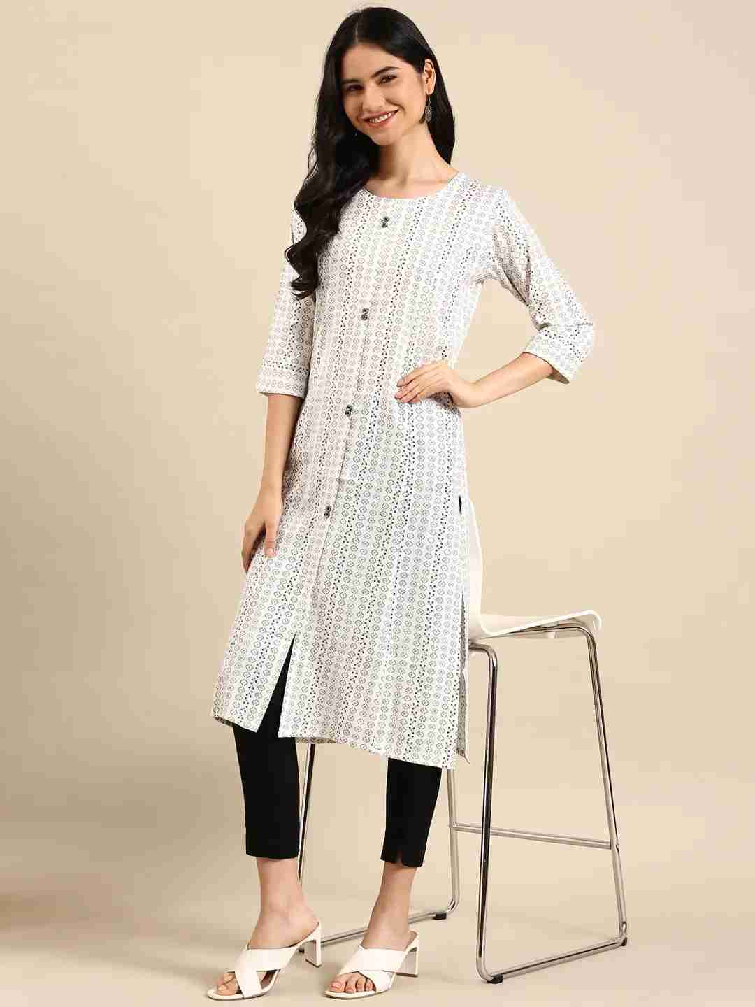 SHOWOFF Women's Calf Length Woven Design White Round Neck Straight Kurta