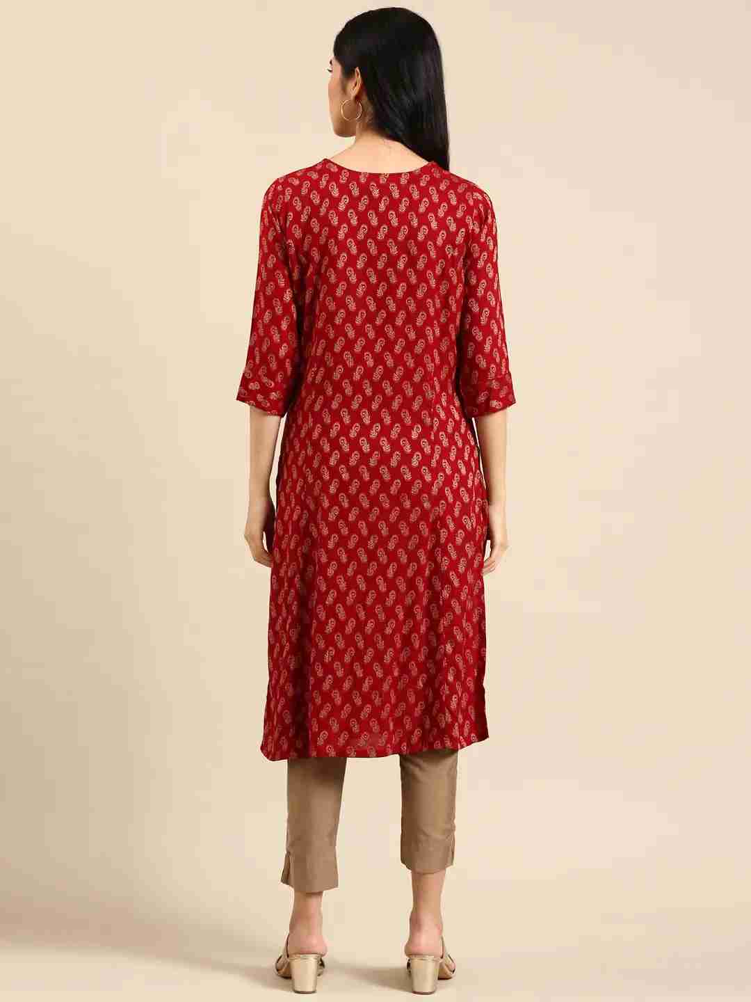 SHOWOFF Women Maroon Woven Design Round Neck Three-Quarter Sleeves Mid Length Straight Kurta