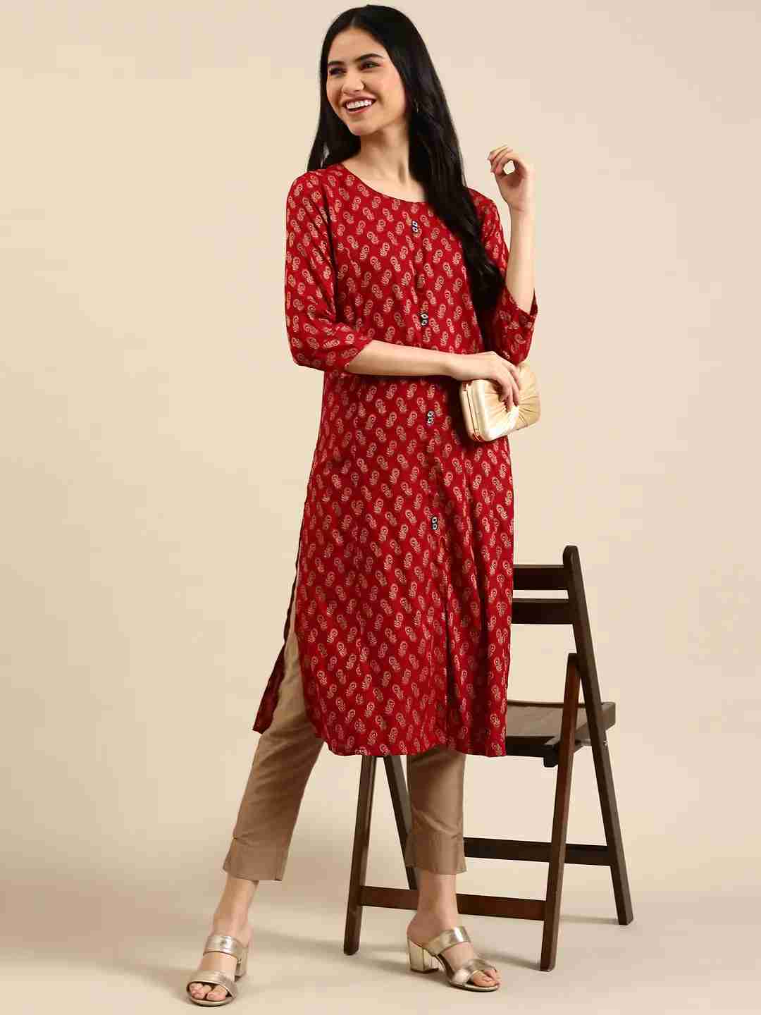 SHOWOFF Women Maroon Woven Design Round Neck Three-Quarter Sleeves Mid Length Straight Kurta