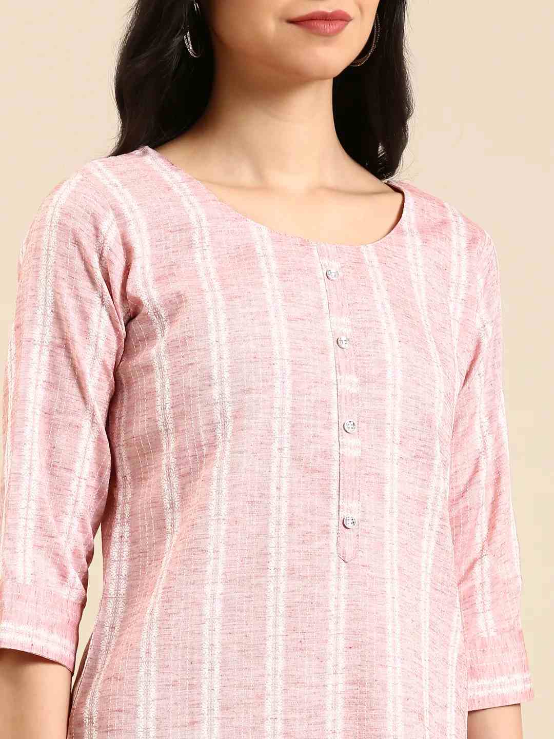 SHOWOFF Women's Calf Length Woven Design Peach Round Neck Straight Kurta