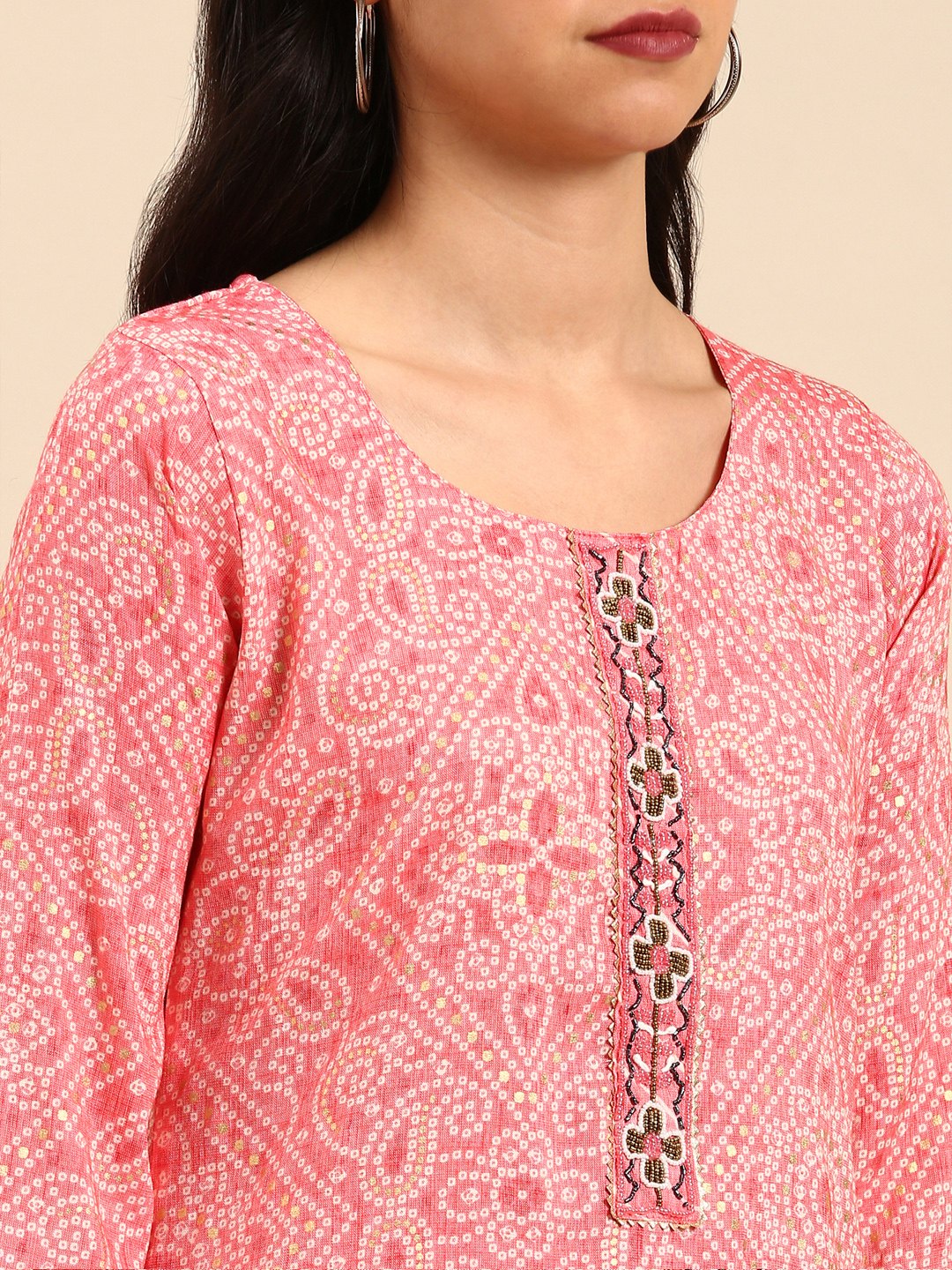 Women's Pink Cotton Blend Printed Comfort Fit Kurta Sets