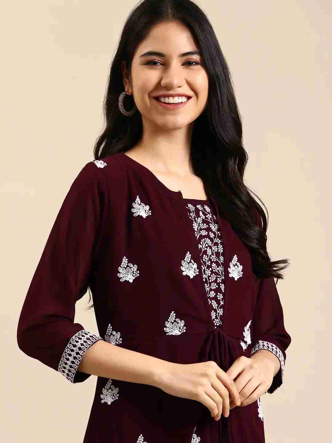 SHOWOFF Women Burgundy Embellished Round Neck Sleeveless Ankle Length A-Line Kurta