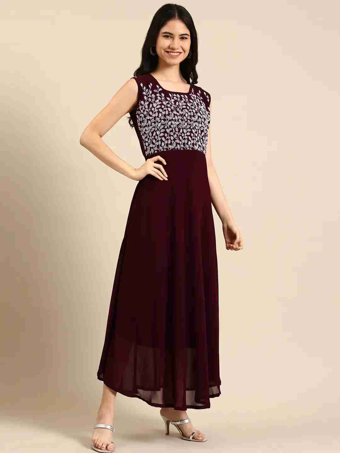 SHOWOFF Women Burgundy Embellished Round Neck Sleeveless Ankle Length A-Line Kurta