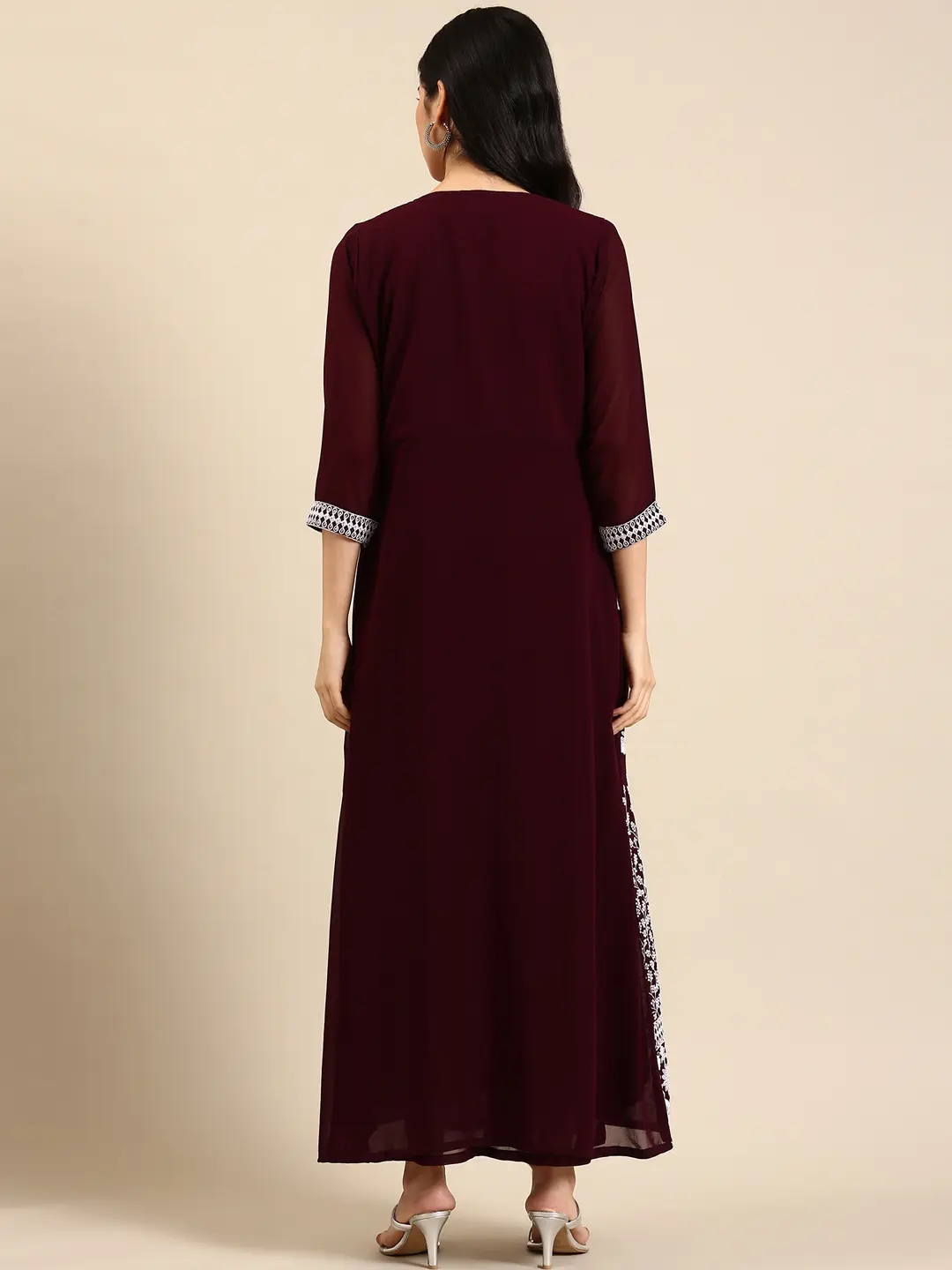SHOWOFF Women Burgundy Embellished Round Neck Sleeveless Ankle Length A-Line Kurta