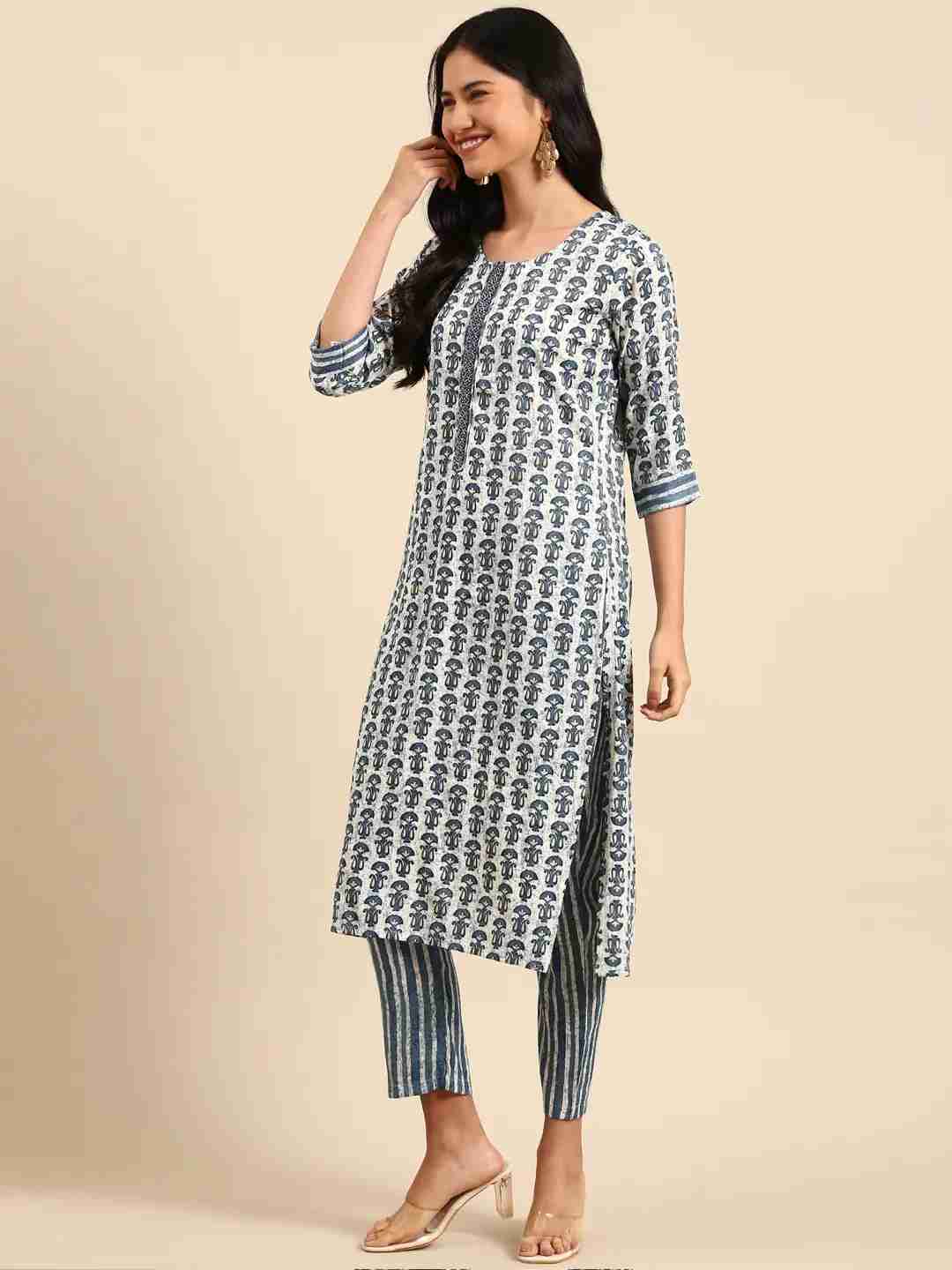 Women's Blue Cotton Blend Printed Comfort Fit Kurta Sets
