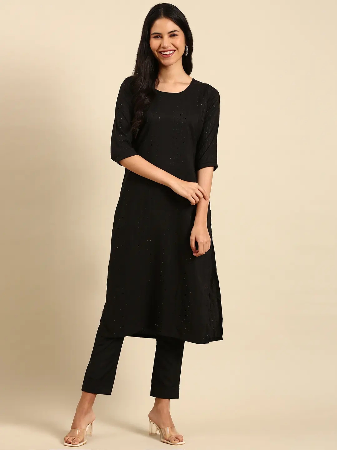 Women's Black Poly Silk Solid Comfort Fit Kurta Sets