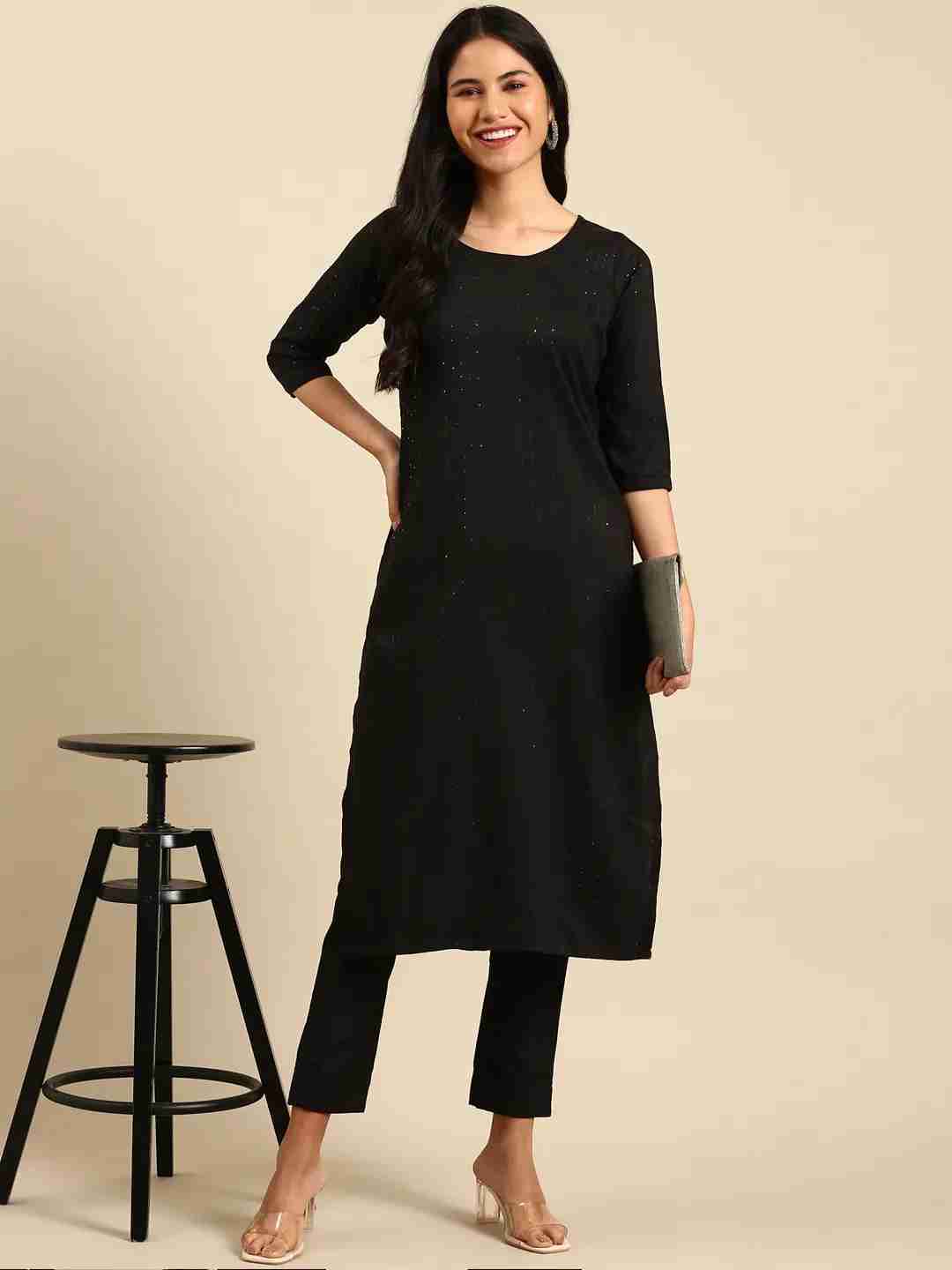 Women's Black Poly Silk Solid Comfort Fit Kurta Sets