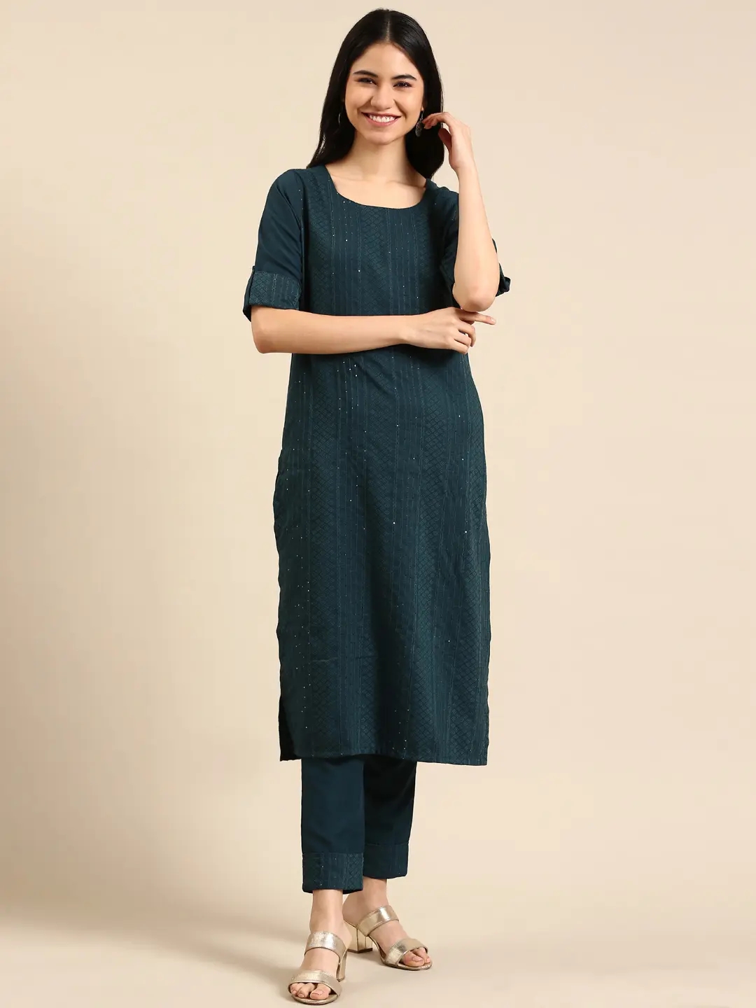 Women's Green Chanderi Printed Comfort Fit Kurta Sets