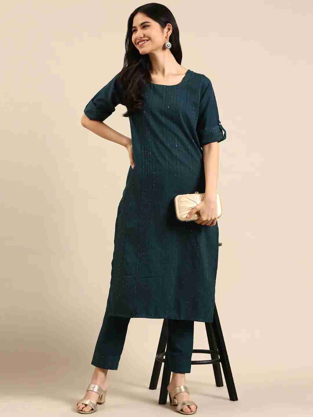 Women's Green Chanderi Printed Comfort Fit Kurta Sets