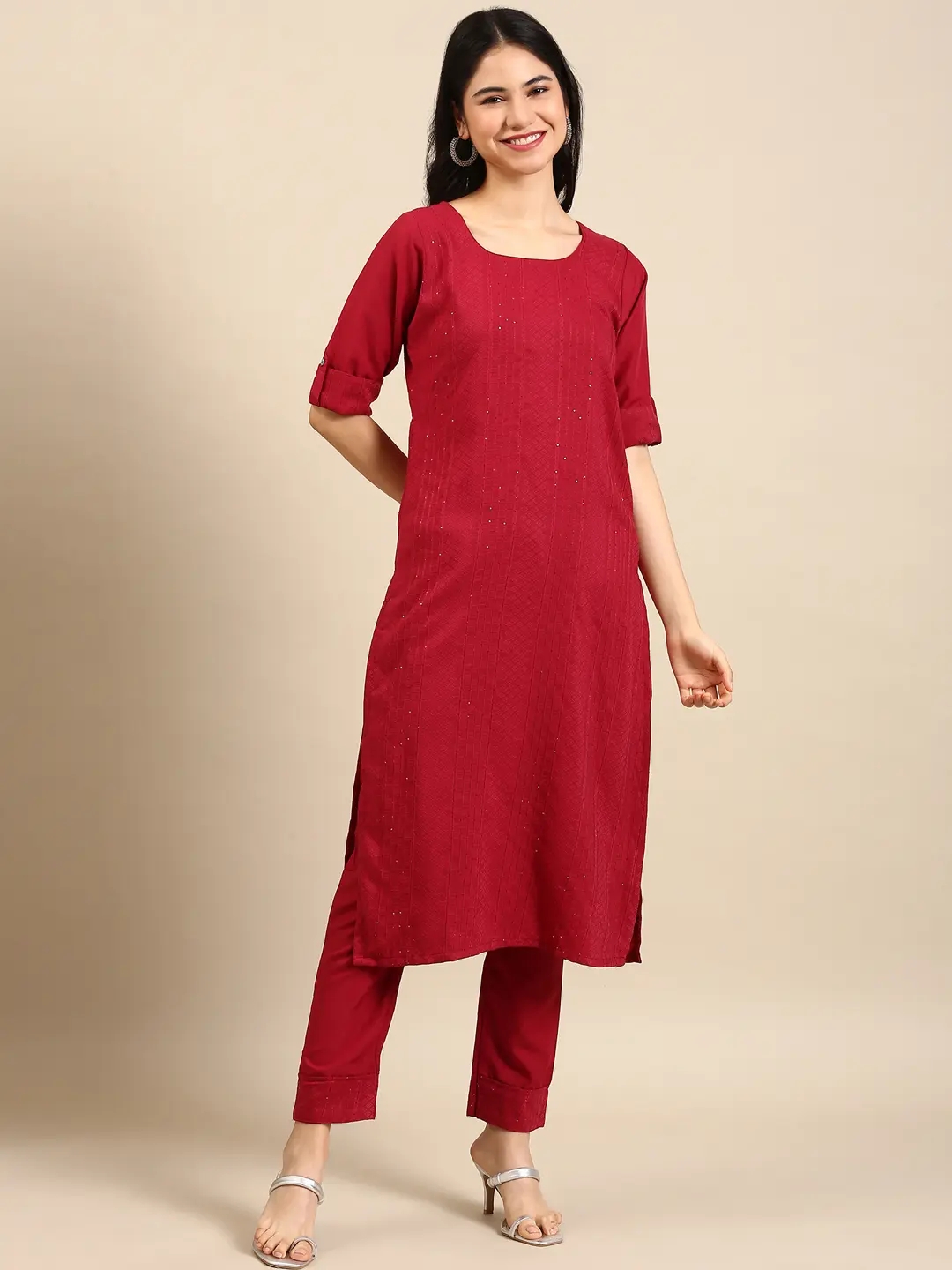 SHOWOFF Women Magenta Woven Design  Round Neck Three-Quarter Sleeves Mid Length Straight Kurta Set