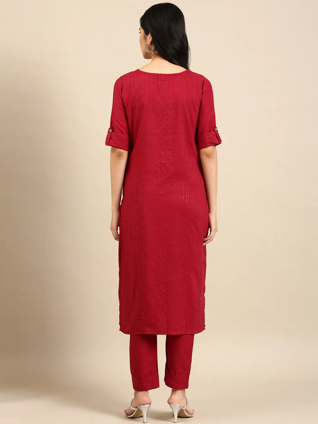 SHOWOFF Women Magenta Woven Design  Round Neck Three-Quarter Sleeves Mid Length Straight Kurta Set