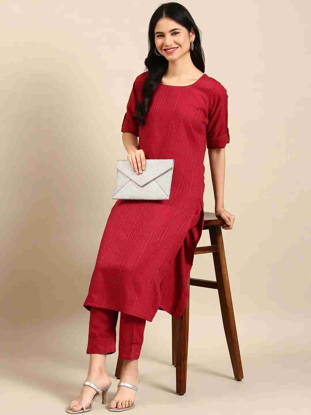 SHOWOFF Women Magenta Woven Design  Round Neck Three-Quarter Sleeves Mid Length Straight Kurta Set