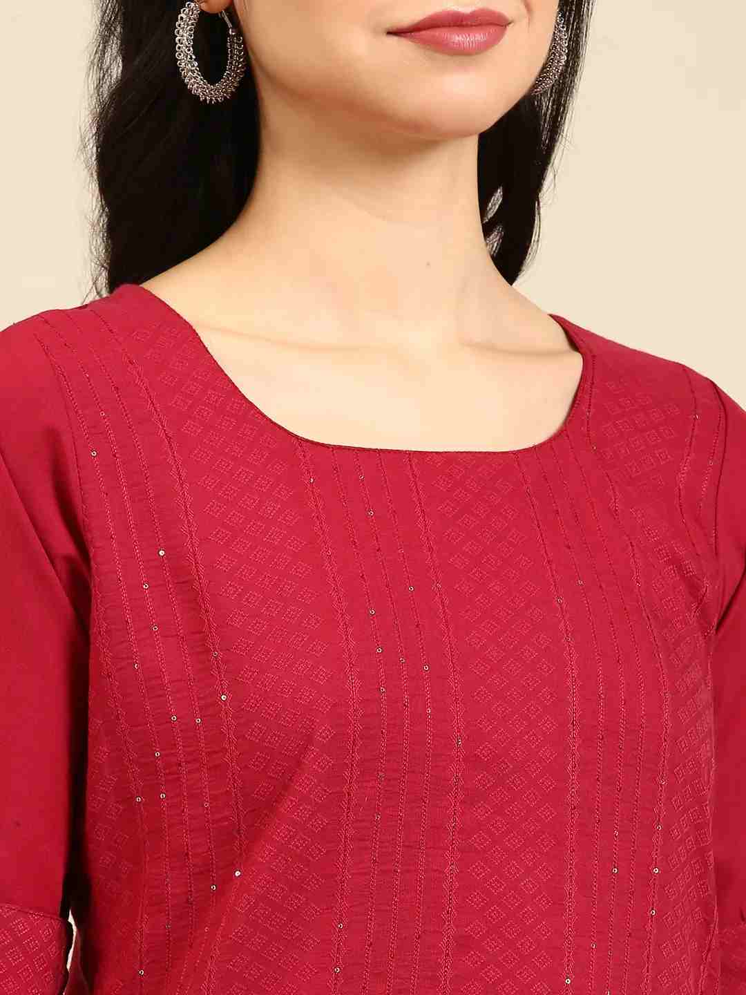 SHOWOFF Women Magenta Woven Design  Round Neck Three-Quarter Sleeves Mid Length Straight Kurta Set