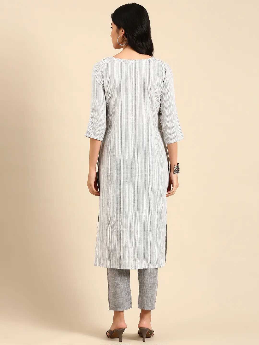 Women's Grey Cotton Blend Striped Comfort Fit Kurta Sets