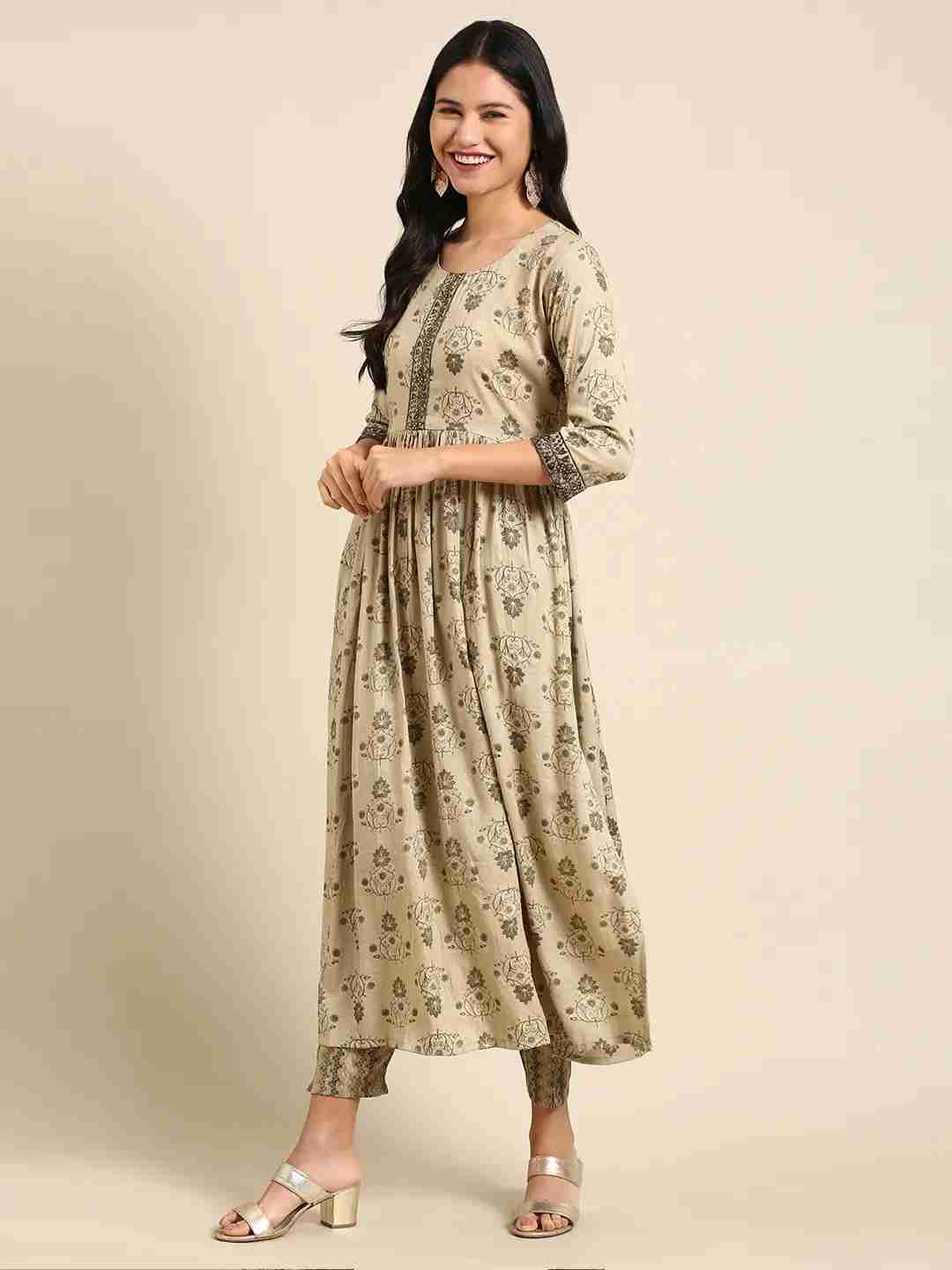 Women's Beige Cotton Blend Printed Comfort Fit Kurta Sets